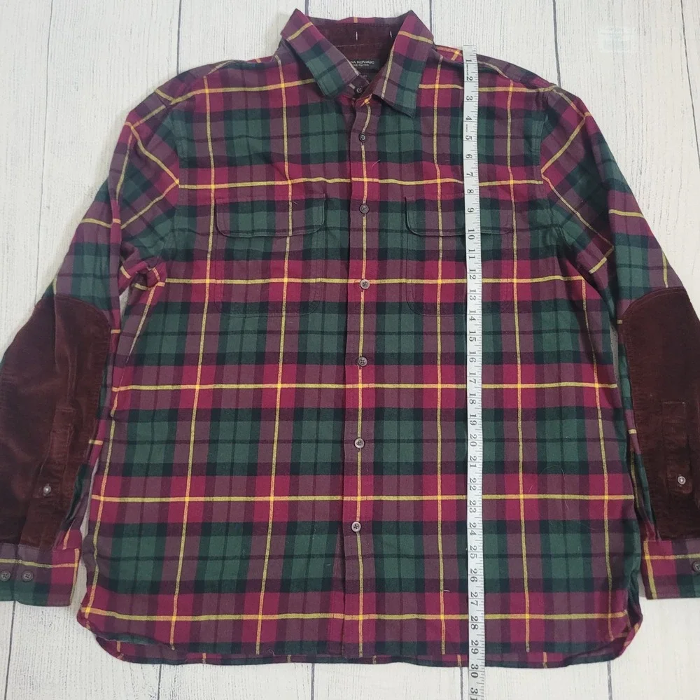 Banana Republic XL Flannel Shirt Mens Burgundy Plaid‎ Corduroy Elbow Patches